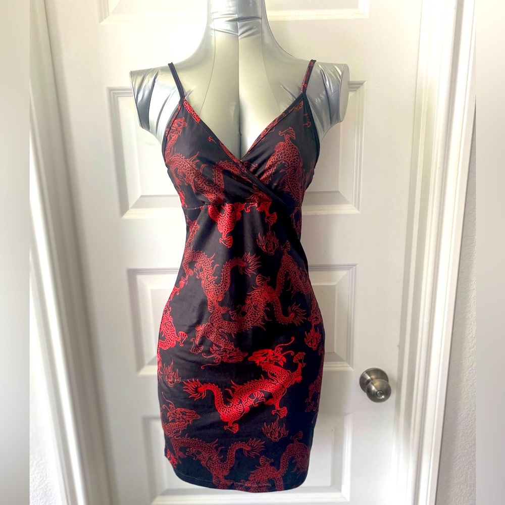 Shein Chinese dragon print dress in Black & Red